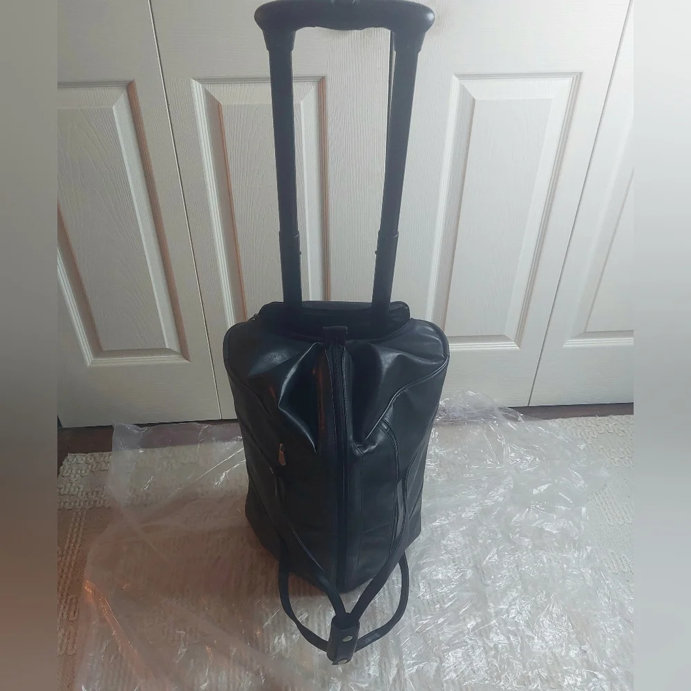 Leather Black Duffel Carry On With Wheels! Travel Bag!